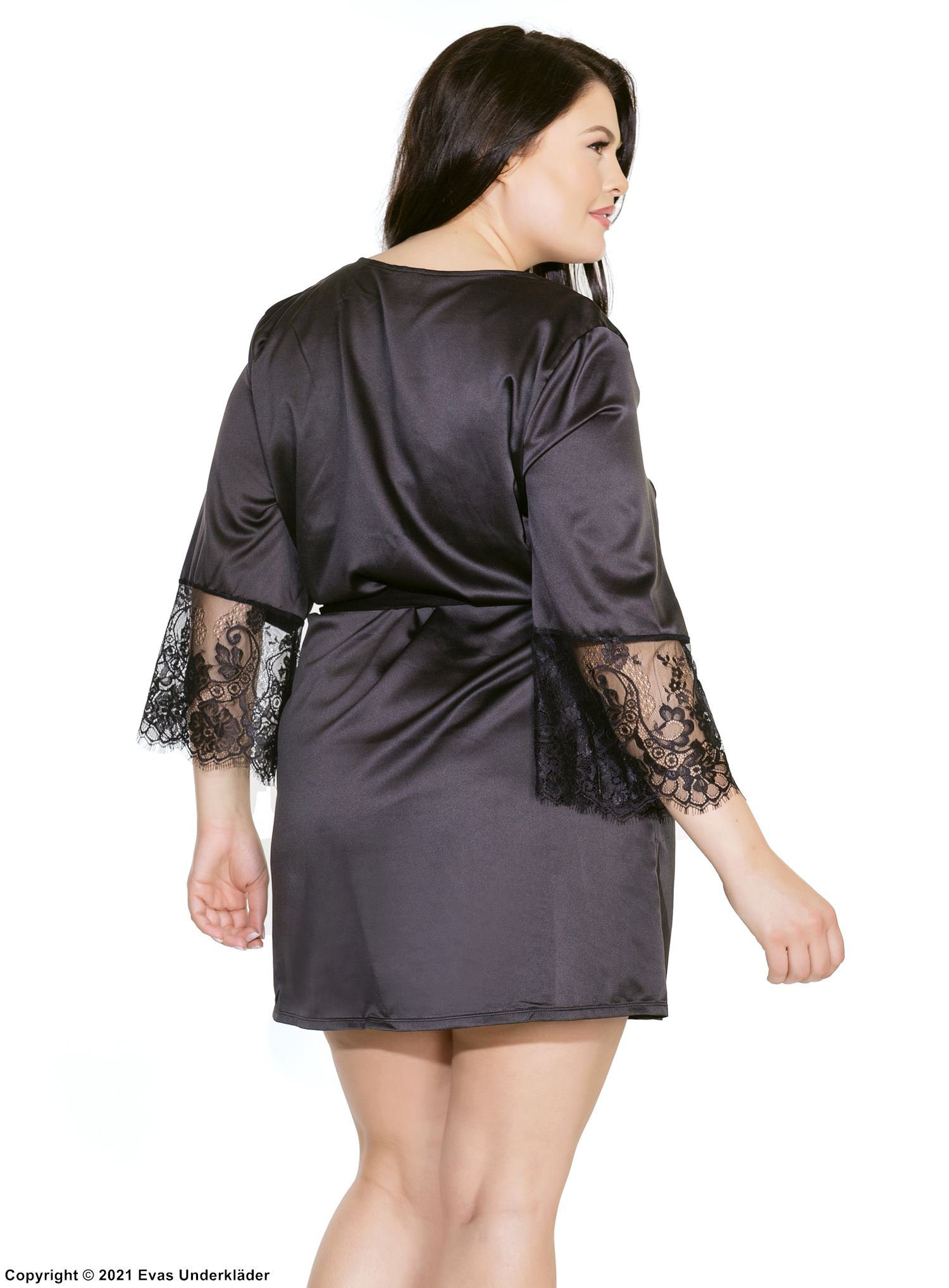 Eleganter Morgenrock, Satin, Wimpernspitze, Gürtel, Plus Size